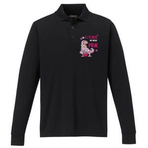 In October We Wear Pink Breast Cancer Trex Dino Performance Long Sleeve Polo