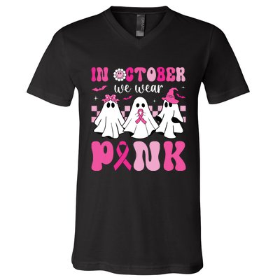 In October We Wear Pink Breast Cancer Ghost V-Neck T-Shirt