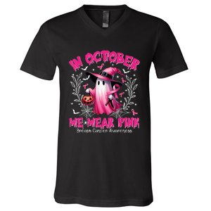 In October We Wear Ghost Witch Breast Cancer Awareness V-Neck T-Shirt