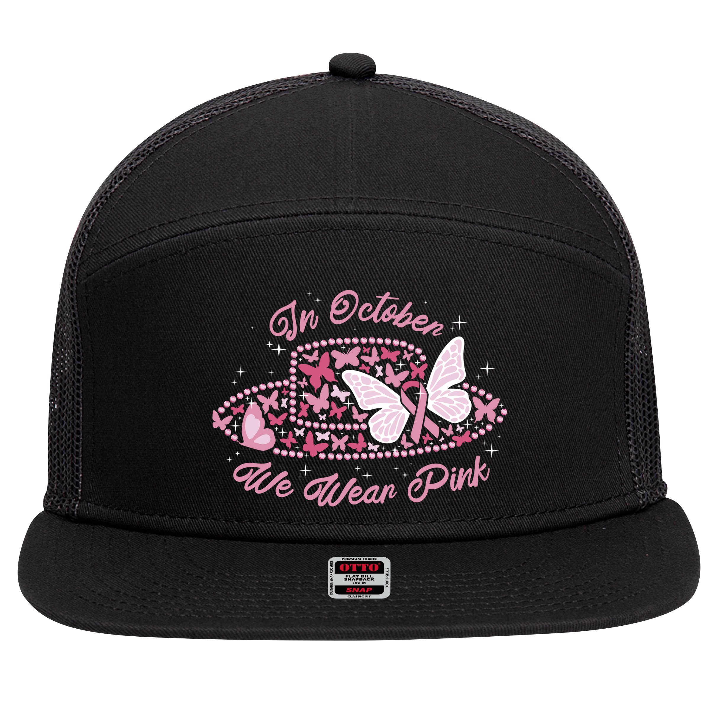 In October We Wear Pink Butterfly Ribbon 7 Panel Mesh Trucker Snapback Hat