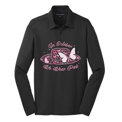 In October We Wear Pink Butterfly Ribbon Silk Touch Performance Long Sleeve Polo