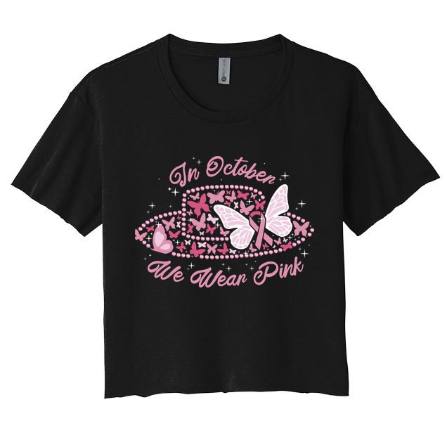 In October We Wear Pink Butterfly Ribbon Crop Top