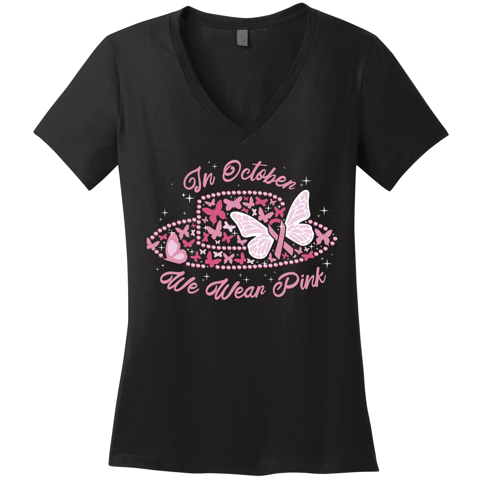 In October We Wear Pink Butterfly Ribbon Women's V-Neck T-Shirt