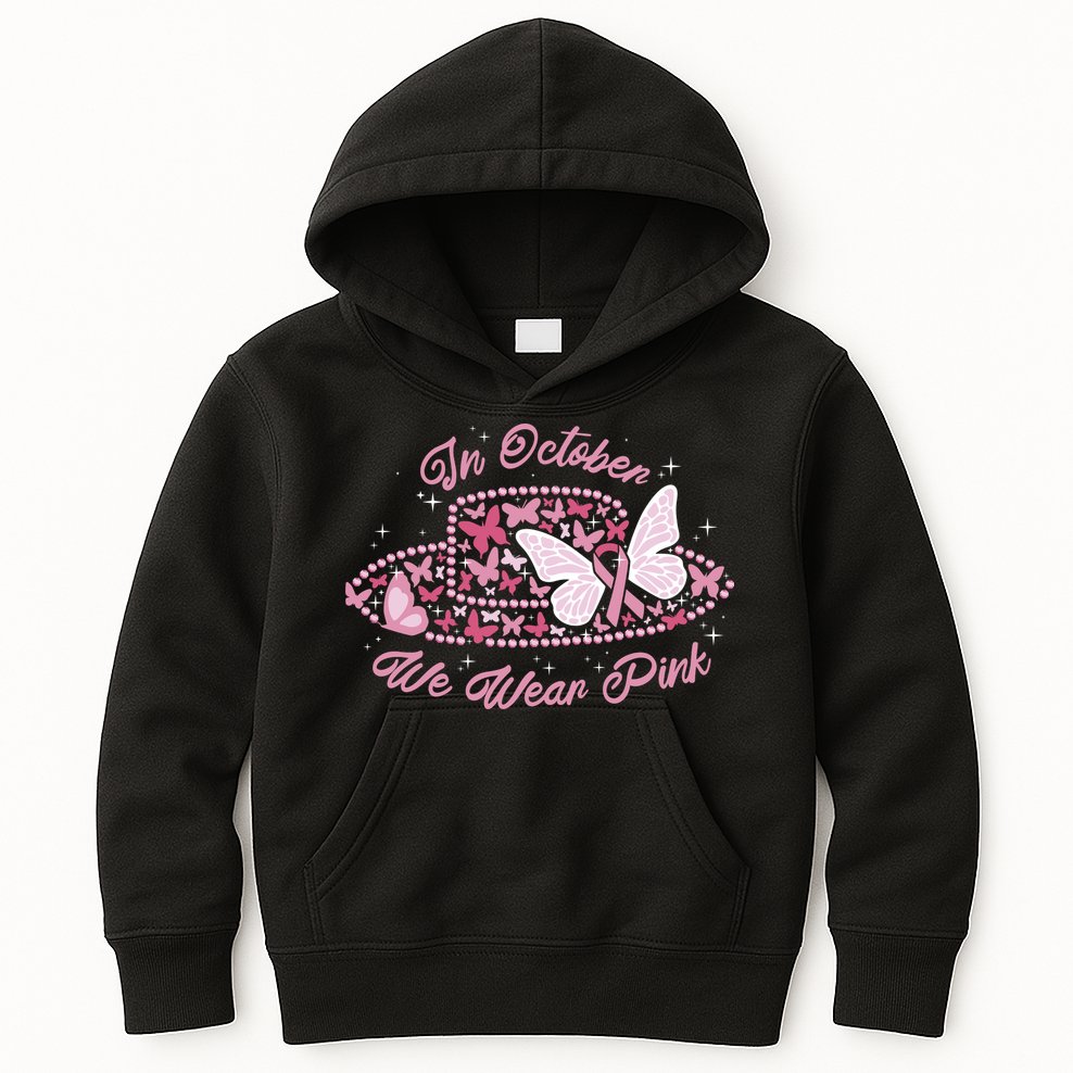 In October We Wear Pink Butterfly Ribbon Kids Hoodie
