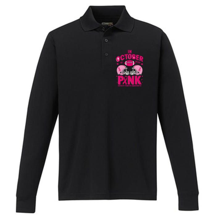 In October We Wear Pin.K Football Breast Cancer Awareness Performance Long Sleeve Polo