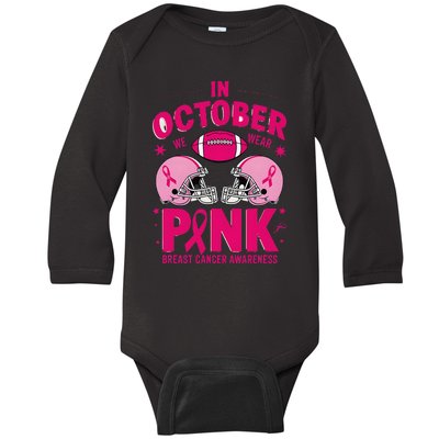 In October We Wear Pin.K Football Breast Cancer Awareness Baby Long Sleeve Bodysuit