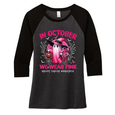 In October We Wear Pin.K Ghost Witch Breast Cancer Awareness Women's Tri-Blend 3/4-Sleeve Raglan Shirt