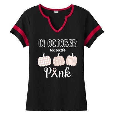 In October We Wear Pink Pumpkin Breast Cancer Ladies Halftime Notch Neck Tee