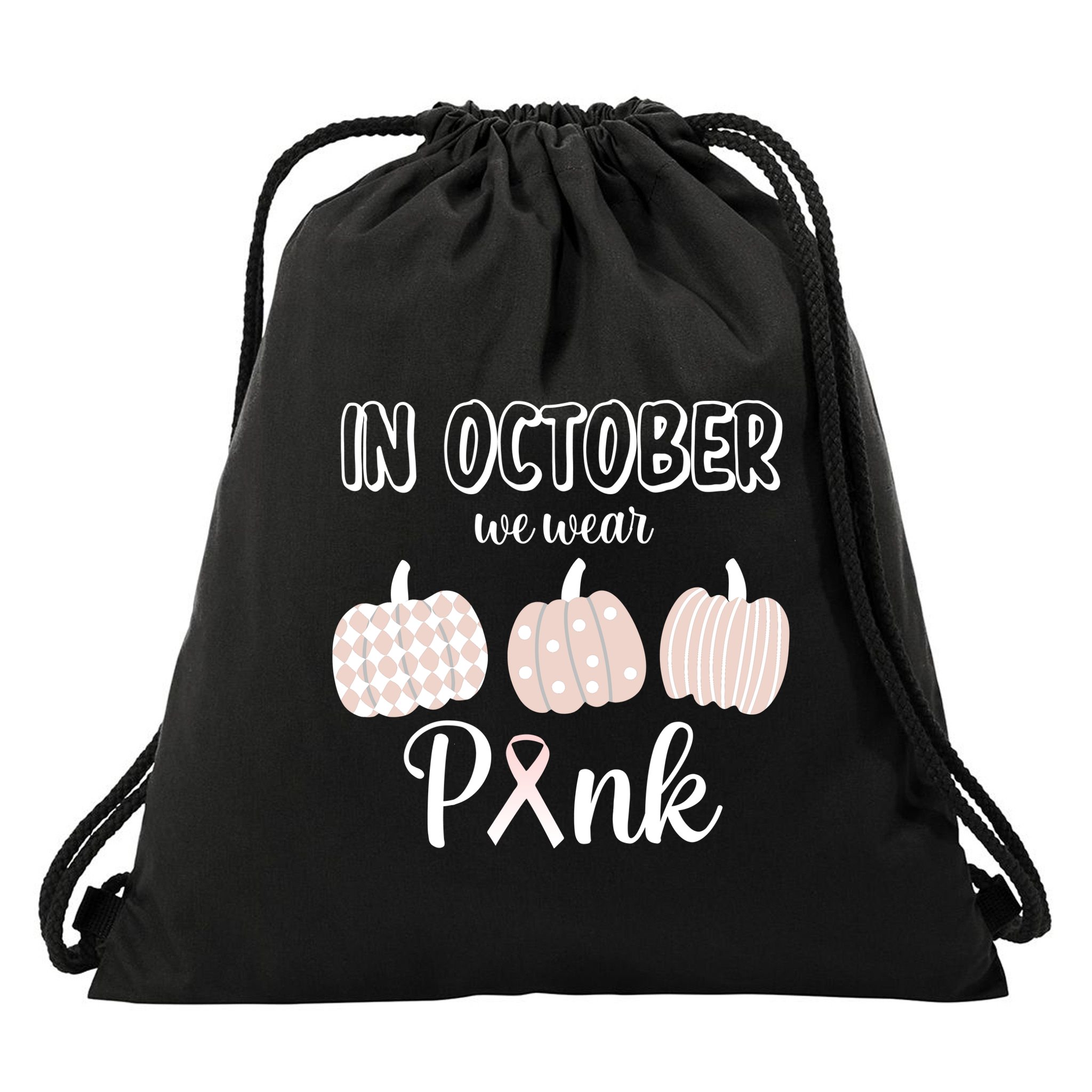 In October We Wear Pink Pumpkin Breast Cancer Drawstring Bag