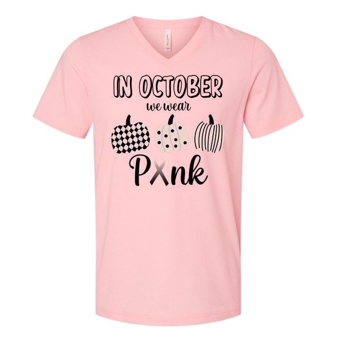 In October We Wear Pink Pumpkin Breast Cancer V-Neck T-Shirt