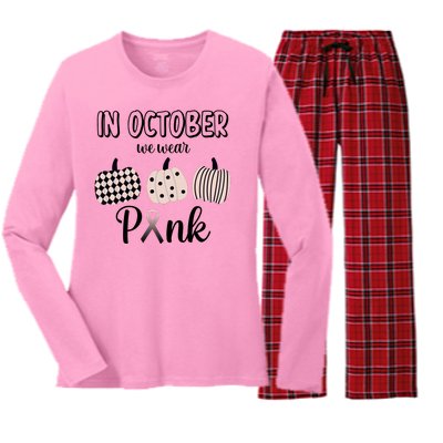 In October We Wear Pink Pumpkin Breast Cancer Women's Long Sleeve Flannel Pajama Set 