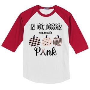 In October We Wear Pink Pumpkin Breast Cancer Kids Colorblock Raglan Jersey