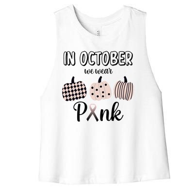 In October We Wear Pink Pumpkin Breast Cancer Women's Racerback Cropped Tank