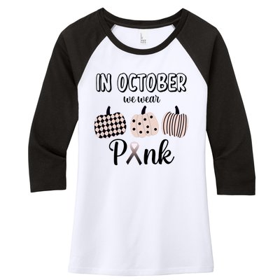 In October We Wear Pink Pumpkin Breast Cancer Women's Tri-Blend 3/4-Sleeve Raglan Shirt