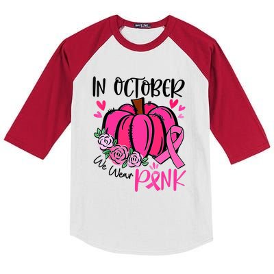 In October We Wear Pink Pumpkin Funny Breast Cancer Kids Colorblock Raglan Jersey