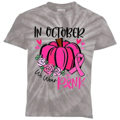 In October We Wear Pink Pumpkin Funny Breast Cancer Kids Tie-Dye T-Shirt