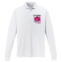 In October We Wear Pink Pumpkin Funny Breast Cancer Performance Long Sleeve Polo