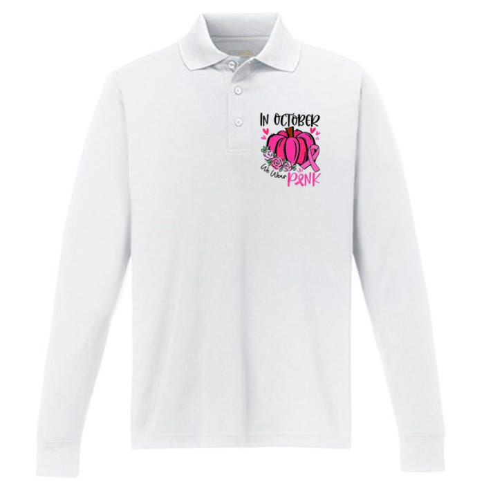 In October We Wear Pink Pumpkin Funny Breast Cancer Performance Long Sleeve Polo