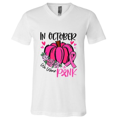 In October We Wear Pink Pumpkin Funny Breast Cancer V-Neck T-Shirt