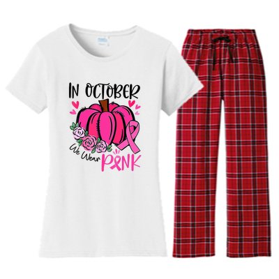 In October We Wear Pink Pumpkin Funny Breast Cancer Women's Flannel Pajama Set