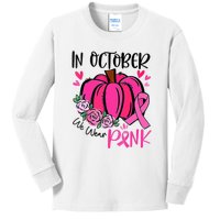 In October We Wear Pink Pumpkin Funny Breast Cancer Kids Long Sleeve Shirt