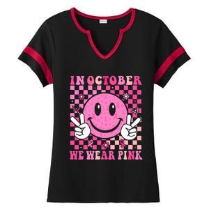 In October We Wear Ribon Smile Face Breast Cancer Ladies Halftime Notch Neck Tee