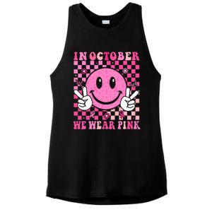 In October We Wear Ribon Smile Face Breast Cancer Ladies PosiCharge Tri-Blend Wicking Tank