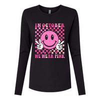 In October We Wear Ribon Smile Face Breast Cancer Womens Cotton Relaxed Long Sleeve T-Shirt