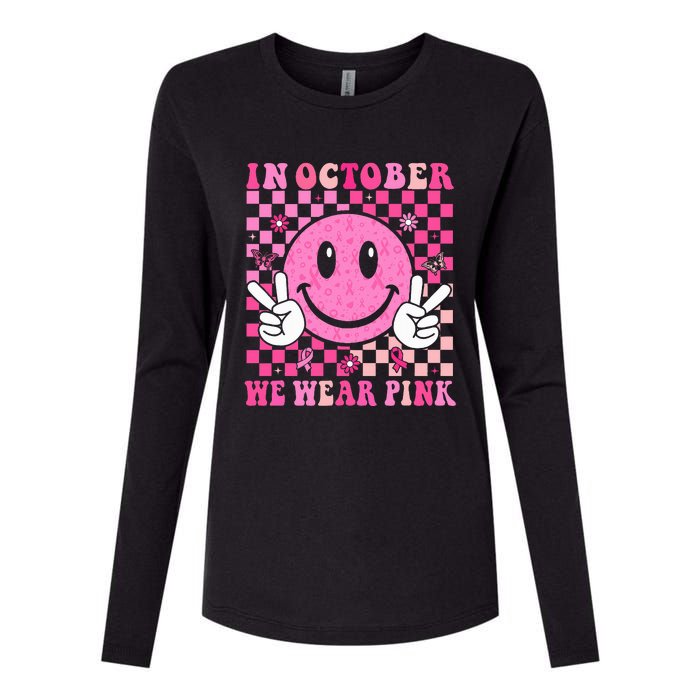 In October We Wear Ribon Smile Face Breast Cancer Womens Cotton Relaxed Long Sleeve T-Shirt