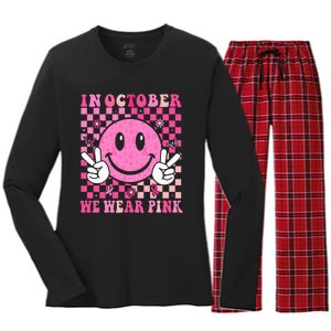 In October We Wear Ribon Smile Face Breast Cancer Women's Long Sleeve Flannel Pajama Set 