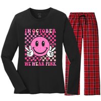 In October We Wear Ribon Smile Face Breast Cancer Women's Long Sleeve Flannel Pajama Set 