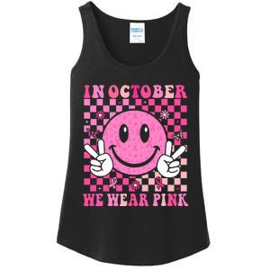 In October We Wear Ribon Smile Face Breast Cancer Ladies Essential Tank