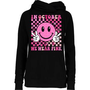 In October We Wear Ribon Smile Face Breast Cancer Womens Funnel Neck Pullover Hood