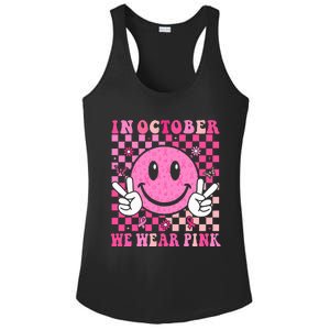 In October We Wear Ribon Smile Face Breast Cancer Ladies PosiCharge Competitor Racerback Tank