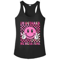 In October We Wear Ribon Smile Face Breast Cancer Ladies PosiCharge Competitor Racerback Tank