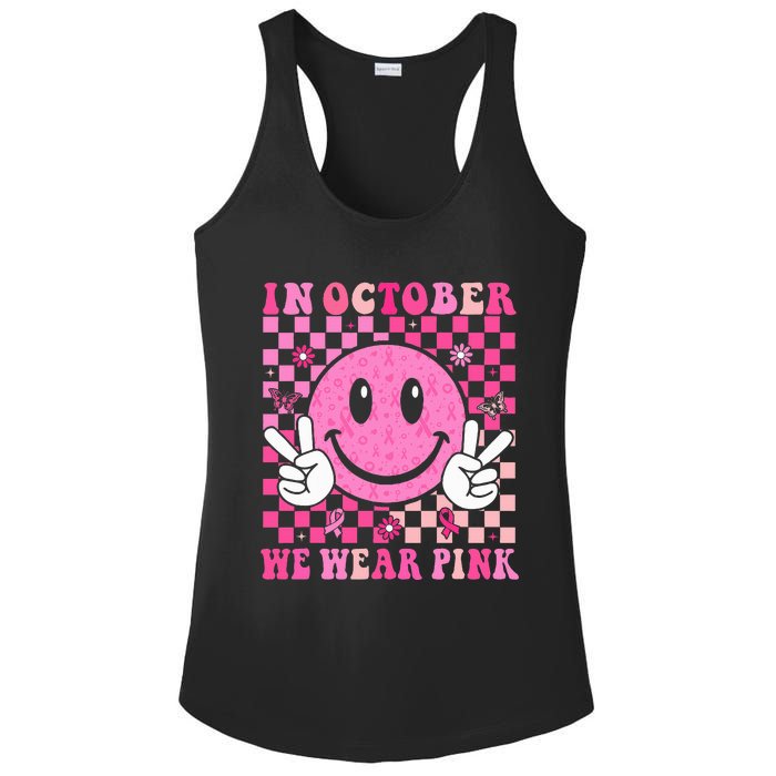 In October We Wear Ribon Smile Face Breast Cancer Ladies PosiCharge Competitor Racerback Tank