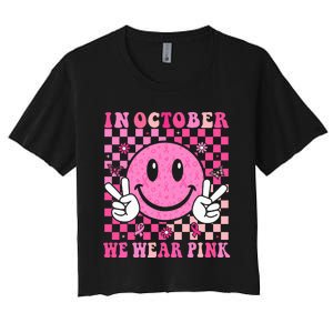 In October We Wear Ribon Smile Face Breast Cancer Women's Crop Top Tee