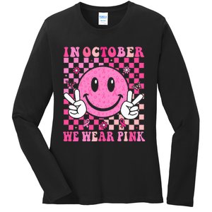 In October We Wear Ribon Smile Face Breast Cancer Ladies Long Sleeve Shirt