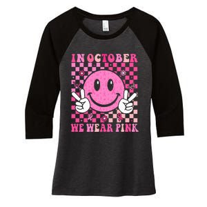 In October We Wear Ribon Smile Face Breast Cancer Women's Tri-Blend 3/4-Sleeve Raglan Shirt