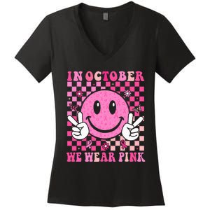 In October We Wear Ribon Smile Face Breast Cancer Women's V-Neck T-Shirt