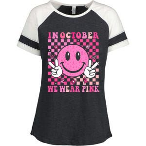 In October We Wear Ribon Smile Face Breast Cancer Enza Ladies Jersey Colorblock Tee