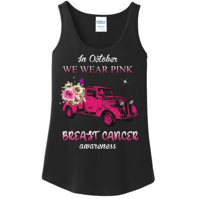 In October We Wear Pink Ribbon Pink Truck Breast Cancer Ladies Essential Tank