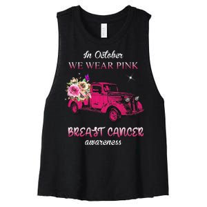 In October We Wear Pink Ribbon Pink Truck Breast Cancer Women's Racerback Cropped Tank