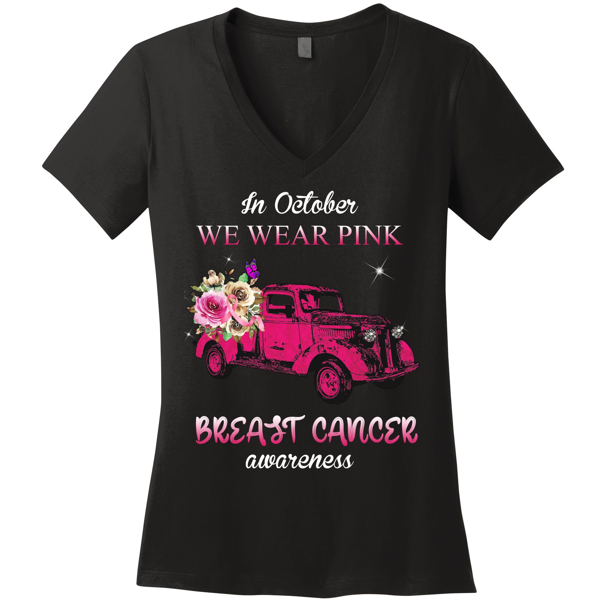 In October We Wear Pink Ribbon Pink Truck Breast Cancer Women's V-Neck T-Shirt