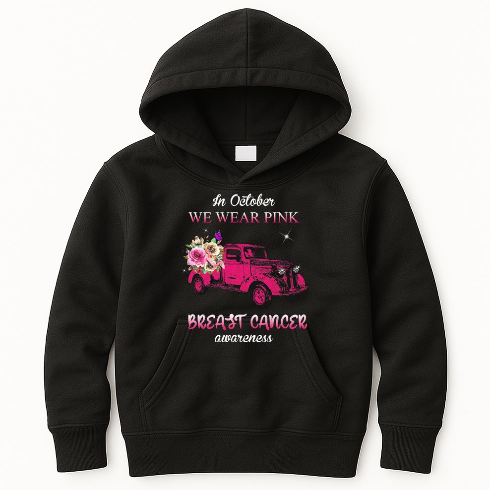 In October We Wear Pink Ribbon Pink Truck Breast Cancer Kids Hoodie