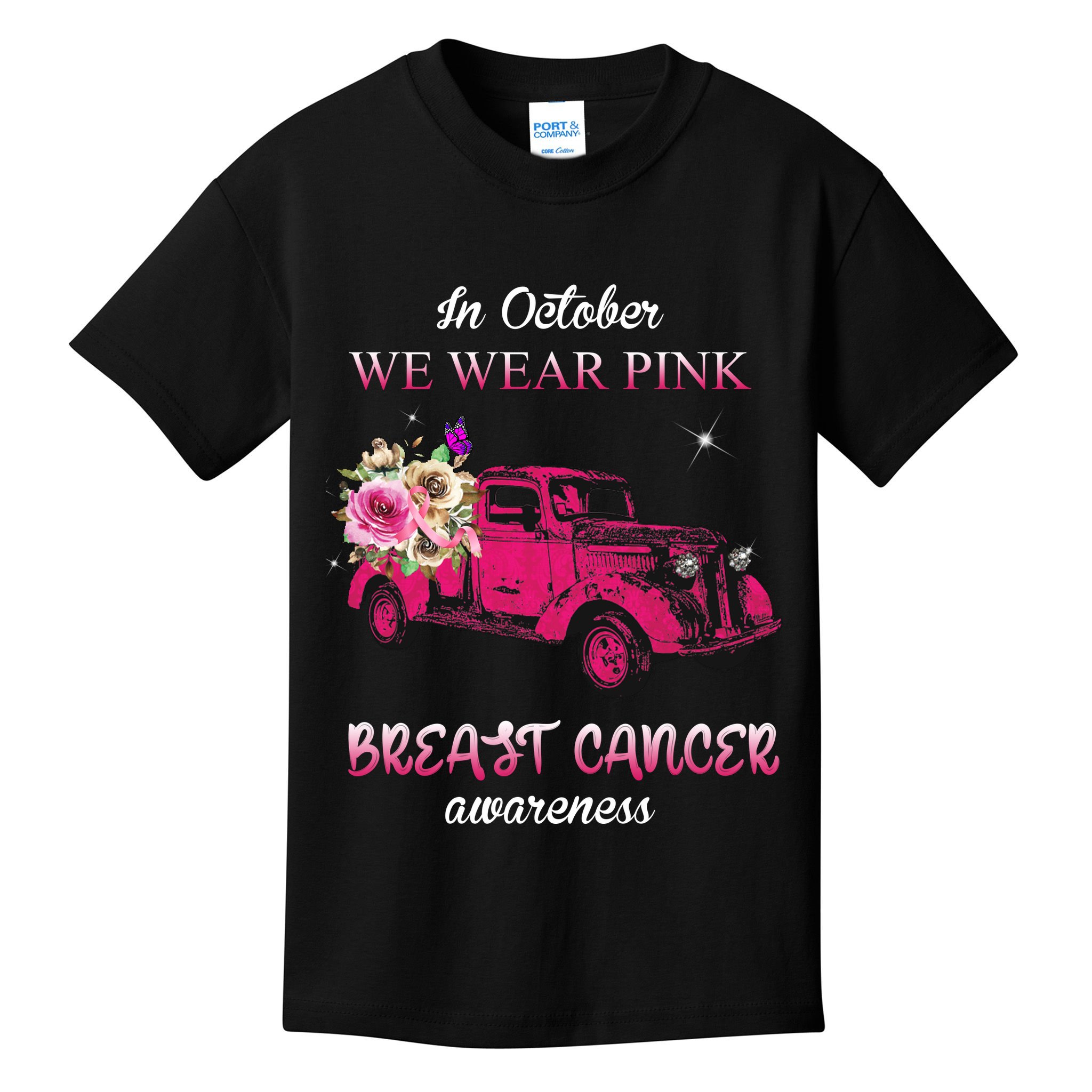 In October We Wear Pink Ribbon Pink Truck Breast Cancer Kids T-Shirt