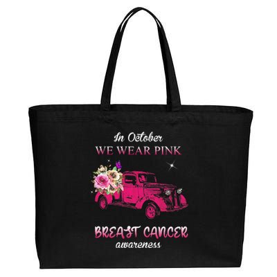 In October We Wear Pink Ribbon Pink Truck Breast Cancer Cotton Canvas Jumbo Tote