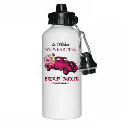 In October We Wear Pink Ribbon Pink Truck Breast Cancer Aluminum Water Bottle