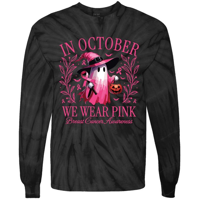 In October We Wear Breast Cancer Awareness Halloween Tie-Dye Long Sleeve Shirt