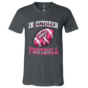 In October We Wear And Watch Football Breast Cancer V-Neck T-Shirt